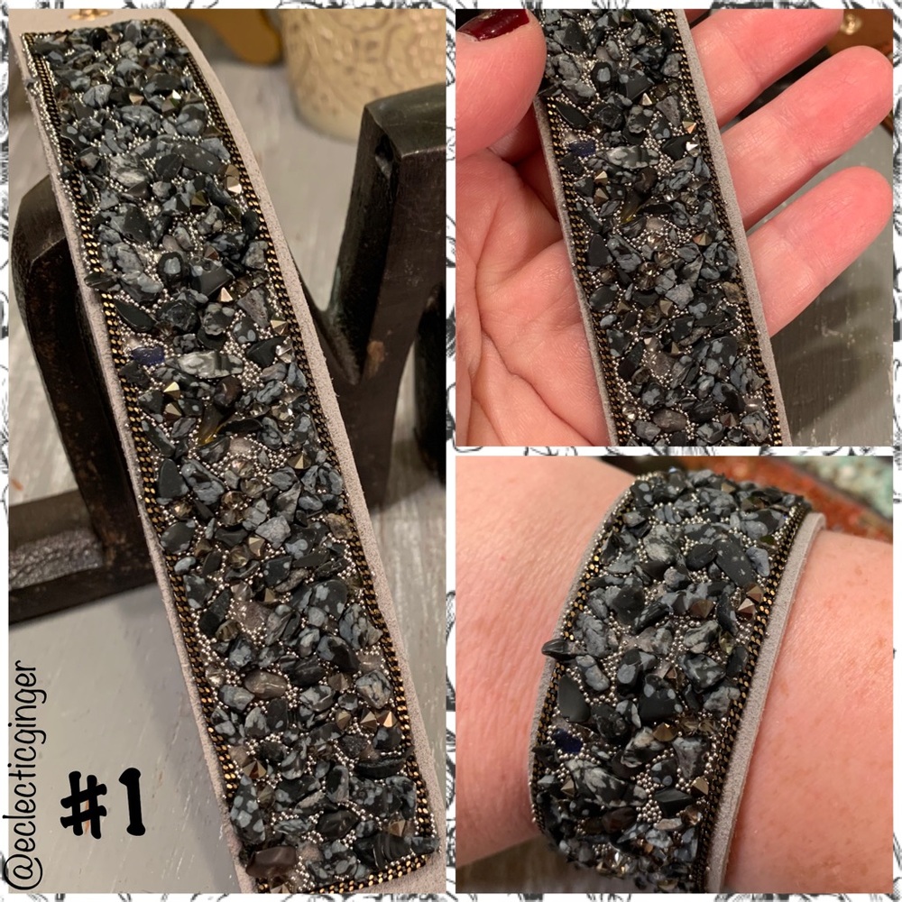 1” Vegan suede snowflake obsidian gem bracelet